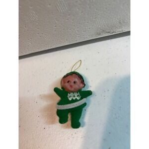 Vintage Flocked Doll Ornament Green Outfit Christmas Tree Holiday Decor‎